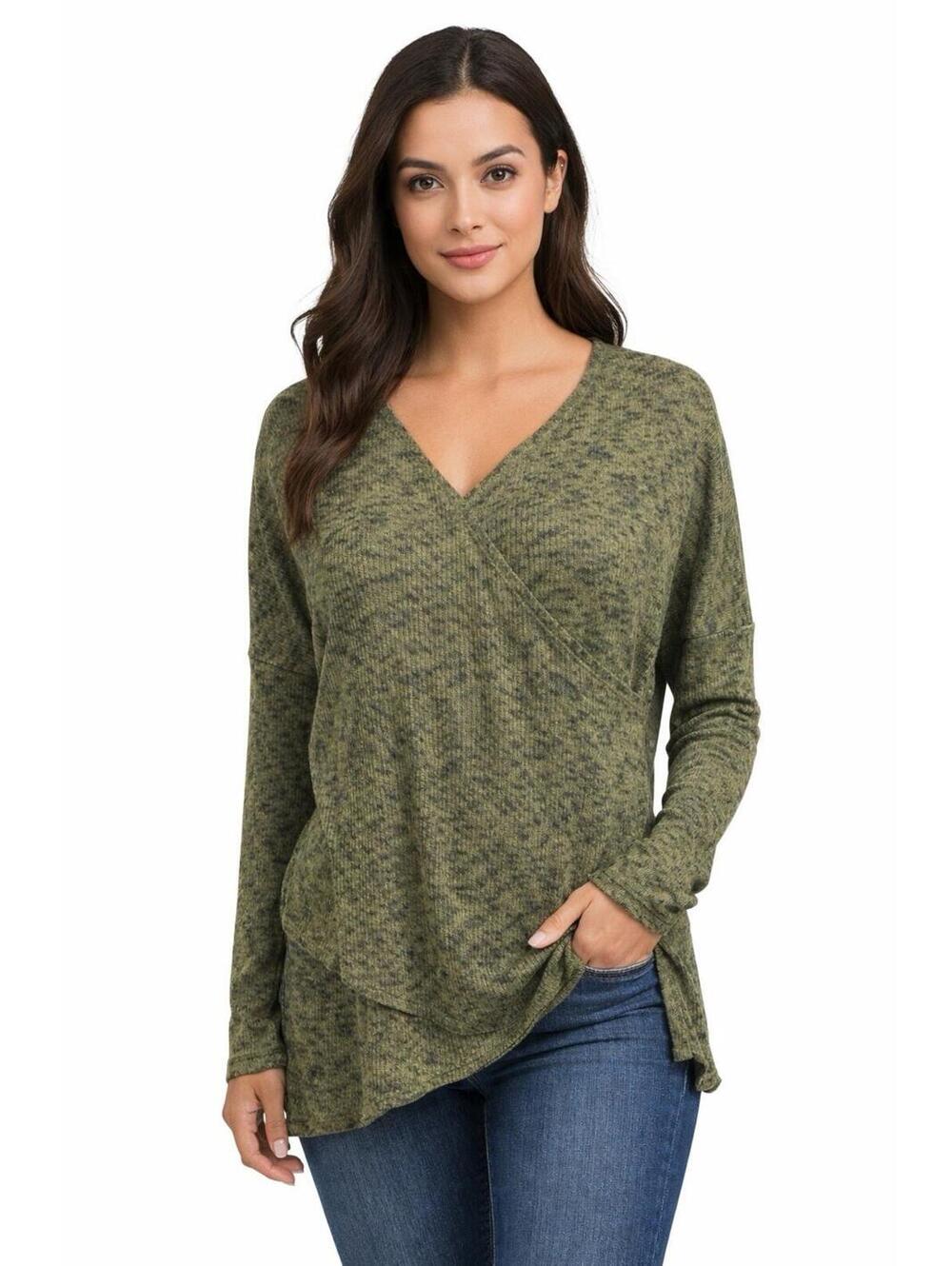 Ella Mara Olive Green Marled Knit Wrap Front Top Long Sleeve Soft NWOT - A3